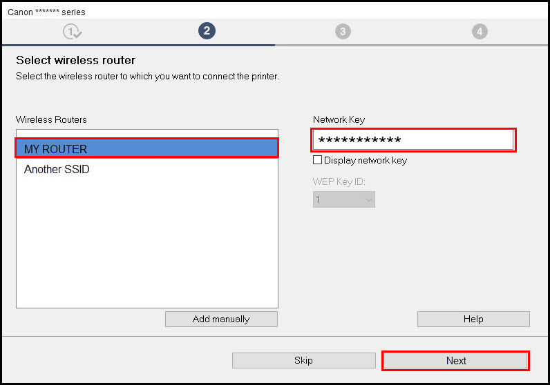 Select Wireless router screen with "My router" choose, and Network Key entered